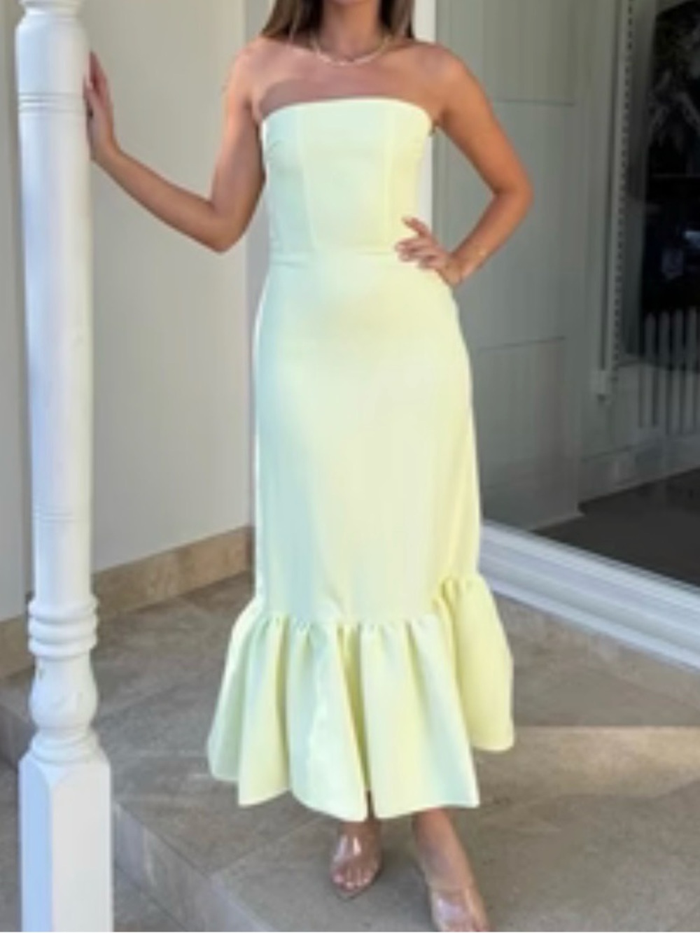 Strapless Ruffle-Hem Midi Dress in Pale Yellow